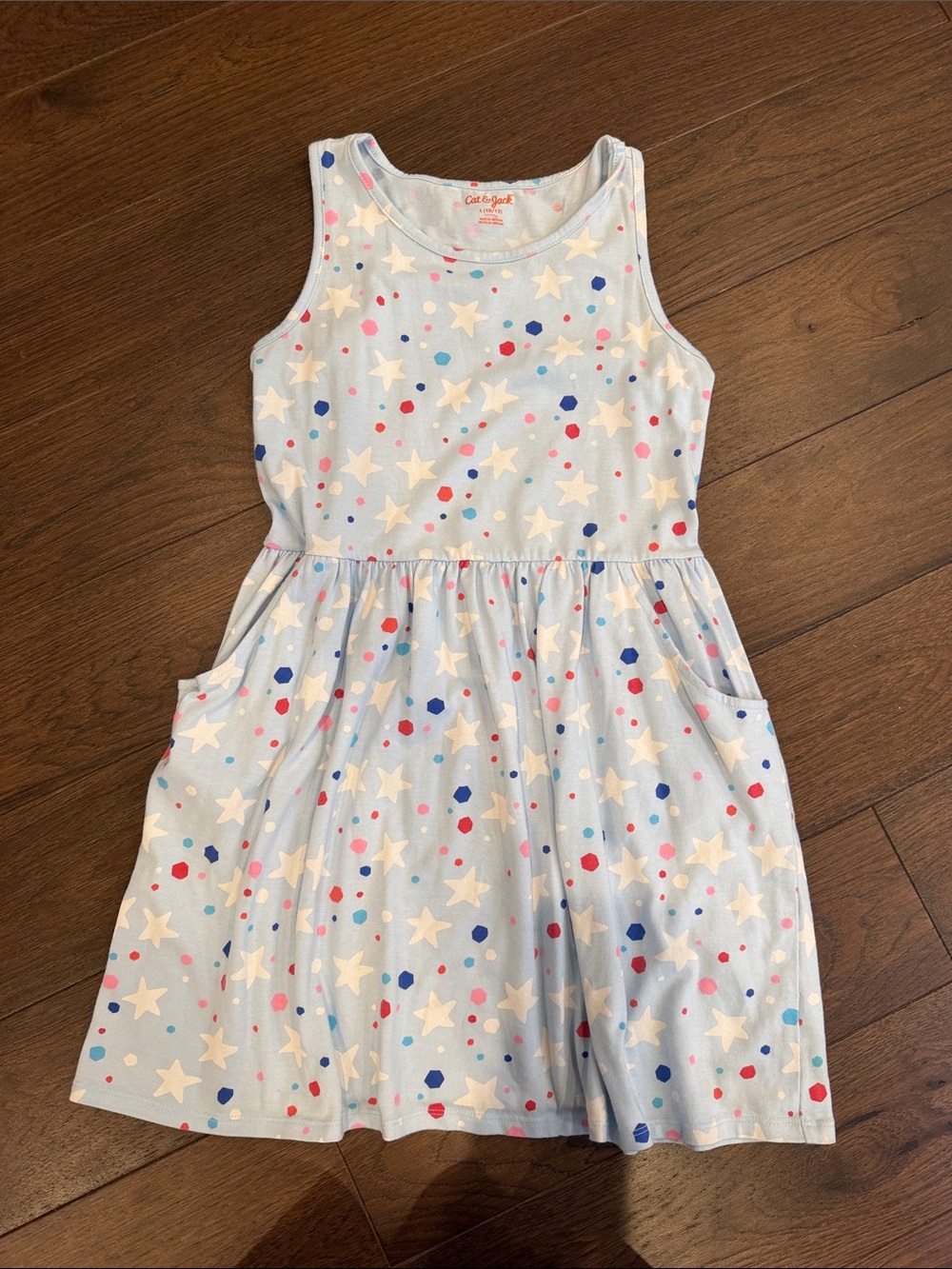 Cat & Jack Blue Star & Confetti Print Sleeveless Dress - Large 10/12 - C11-766